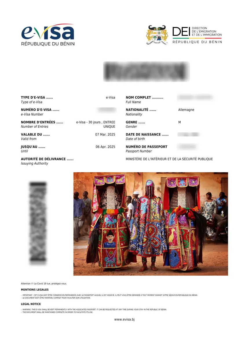 Benin eVisa – sample document